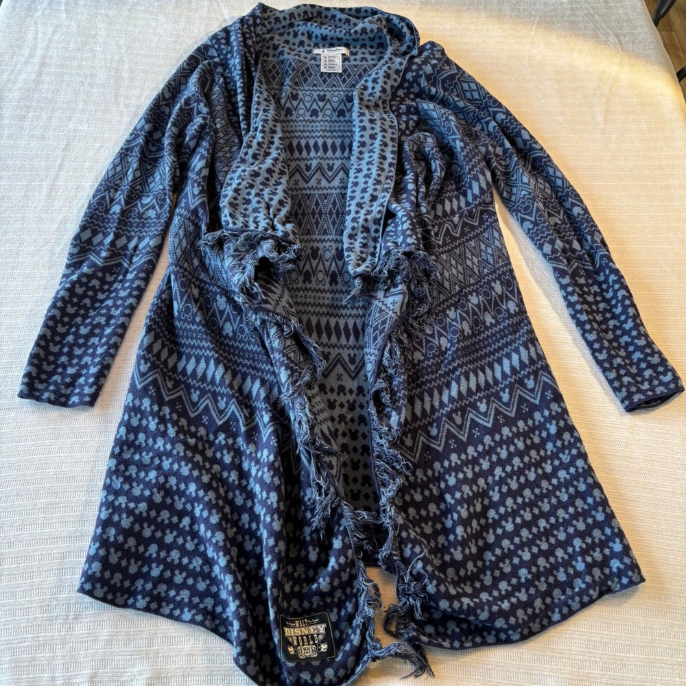 Disney Parks Mickey Mouse Blue Fair Isle Fringe Open Front Cardigan Sweater M/L - Picture 2 of 7